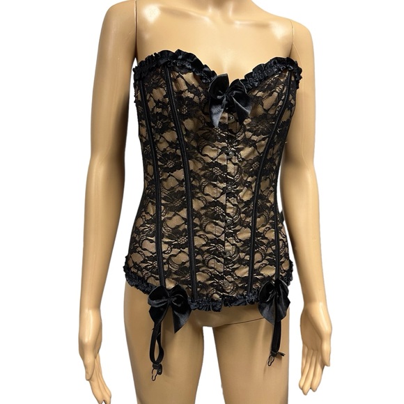 Corset Black Lace Overlay Bustier Top Sexy Steel Boned Body Shaper Womens Medium - Picture 2 of 14